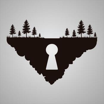 Silhouette of pine trees and grass on a floating island with a keyhole cutout vector