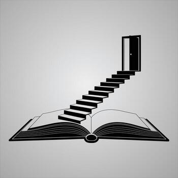 abierto libro con negro escalera líder a un abierto puerta en contra un degradado gris antecedentes escalera vector