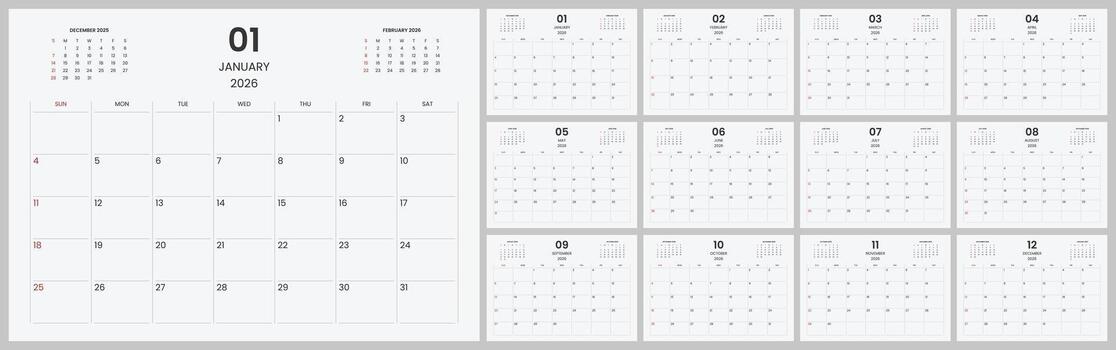 Simple and clean calendar template for 2026. Modern 2026 desk calendar design for company. Monthly calendar for 2026 with daily planer. vector