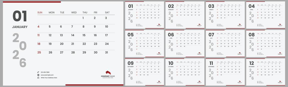 Modern desk calendar template for 2026. Simple 2026 calendar layout for company. vector