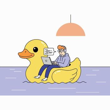 persona de libre dedicación trabajando en ordenador portátil mientras flotante en gigante caucho Pato vector