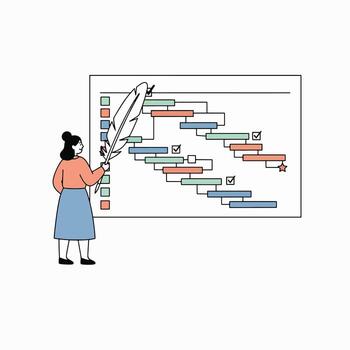 Project planning Woman with feather marking tasks on a schedule vector