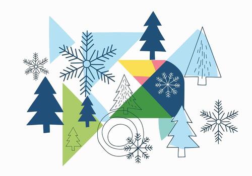 Modern Abstract Christmas and Winter Pattern with Geometric Trees and Snowflakes vector