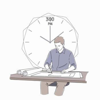 Architect or Engineer Working Late on Blueprints with Clock Showing 3 00 PM Deadline Stress vector
