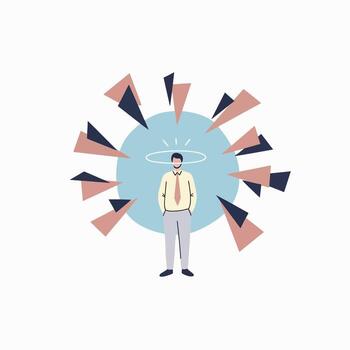 Man Surrounded by Abstract Shapes Illustrating Overwhelming Thoughts vector