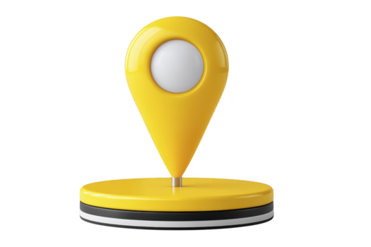 Yellow location pin icon on round base, modern 3D map marker symbol for navigation, travel, or GPS concept, isolated on transparency background, minimal and cheerful design png