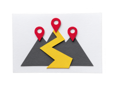 Mountain location map navigation path direction travel journey adventure paper Abstract paper art of mountain with yellow path and red location markers symbolizing navigation travel and adventure png