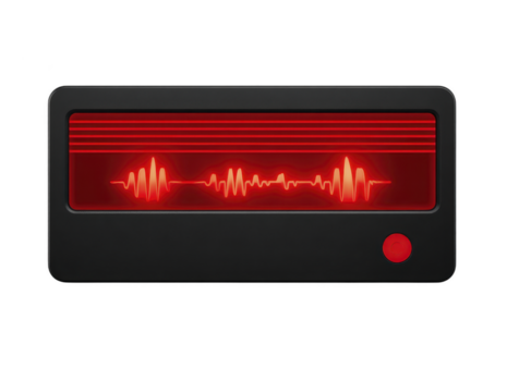Preto rádio com vermelho som onda mostrar, moderno eletrônico dispositivo, brilhando vermelho luz, retangular forma, isolado em transparência fundo, tecnologia conceito png