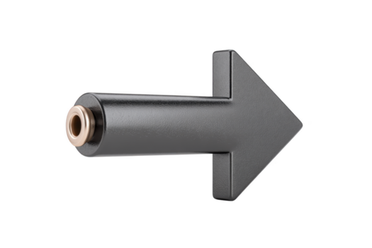 Preto seta em forma audio adaptador metálico textura isolado em transparência fundo moderno Projeto conector tecnologia direção mínimo estilo objeto fechar-se png