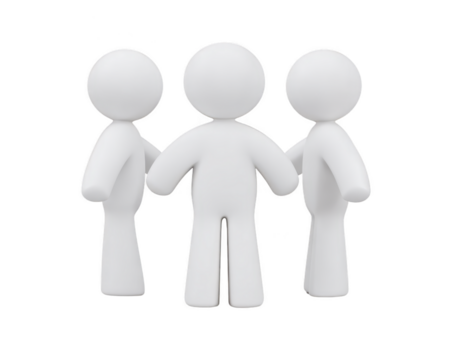 tre bianca 3d umano figure in piedi insieme nel cerchio, simboleggiante lavoro di squadra, unità, e collaborazione, con minimalista e amichevole design su trasparente sfondo png