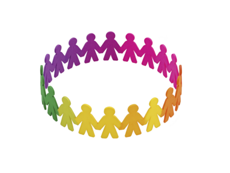 Papier ausgeschnitten zahlen im Kreis, halten Hände, Anzeige Regenbogen Gradient symbolisieren Einheit, Diversität, und Gemeinschaft Unterstützung mit heiter und inklusive Gefühl png