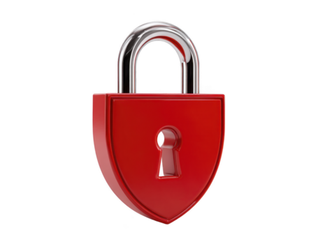 rood hangslot met schild vorm geven aan, glimmend metalen sluiting, en sleutelgat symboliseert veiligheid, bescherming, privacy, en veiligheid, geïsoleerd Aan transparantie achtergrond png