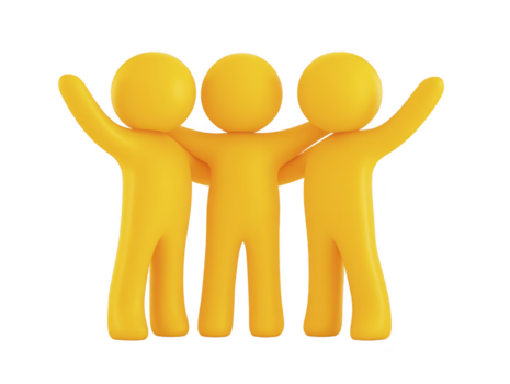 Three yellow 3D figures with arms around each other, symbolizing friendship, unity, teamwork, and support, standing together with happy and positive expressions png