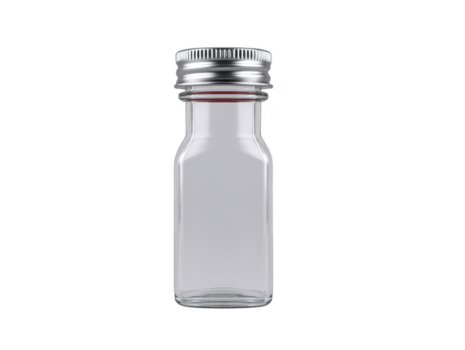Clear glass bottle with metal screw cap, empty transparent container for liquid, minimalist design, isolated on transparency background, suitable for storage or packaging, clean and simple style png