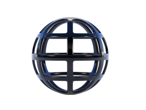 Metallic globe sculpture, modern abstract sphere with intersecting lines, isolated on transparency background, symbolizing global connection and futuristic design png