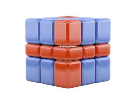 blu e arancia lucido puzzle cubo 3d interpretazione isolato su trasparenza sfondo moderno geometrico design giocoso e creativo liscio superficie vivace colore astratto arte png