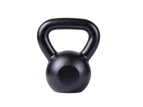 Black kettlebell, isolated on transparency background, used for strength training, fitness, and exercise routines, with textured surface and sturdy handle for secure grip png