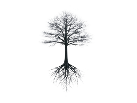albero con spoglio rami e visibile radici, isolato su trasparente sfondo, simboleggia natura, crescita, connessione, e vita ciclo, evocando calma e riflessivo umore png