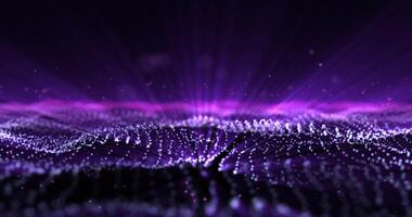 Abstract digital dynamic waves of purple glittering particles against a backdrop of moving lights and bright beams of light, data flow, cyber technology. 3D rendering. video