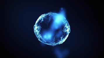 abstrakt blå lysande sfär, energi boll lyser ljust med ljus strålar, magisk vågor från partiklar och prickar, abstrakt atom- vetenskap bakgrund, sömlös slinga. video