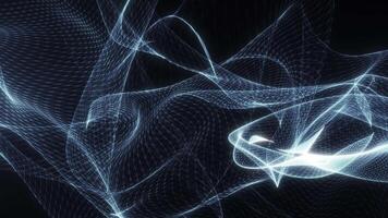 A digital wave of connections and global data networks. Particles and dots move on a blue background. Big data visualization, futuristic and digital background, 3D video