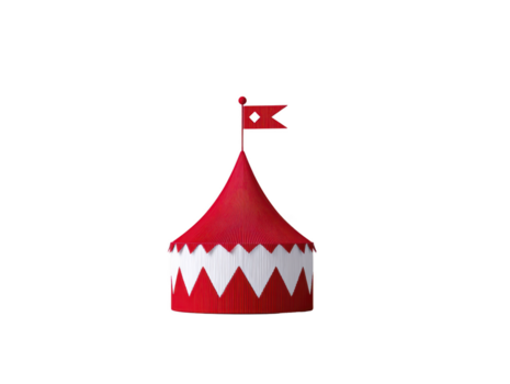 Red circus tent with pointed roof, white zigzag pattern, and small flag on top, isolated on transparent background, playful and festive atmosphere png