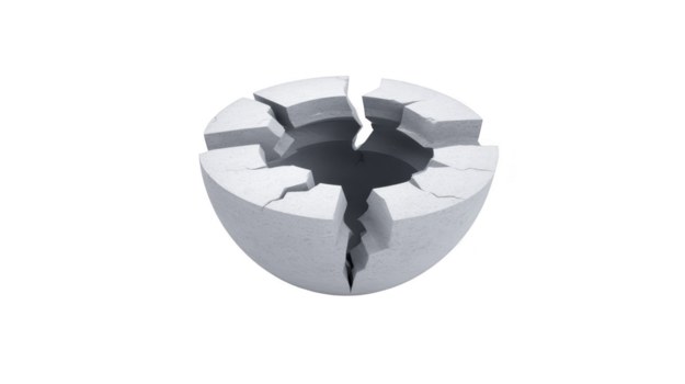 Cracked concrete sphere broken in half isolated on transparent background symbolizing destruction fragility and vulnerability with modern minimalistic style png