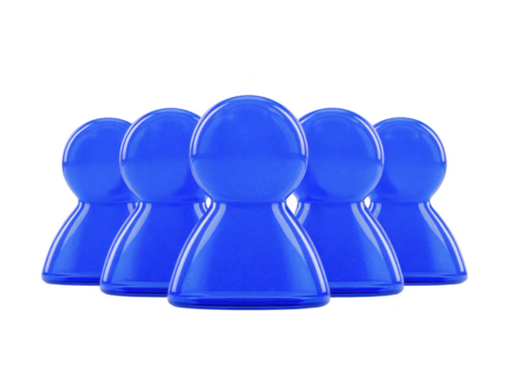 Five blue plastic game pieces arranged in row, isolated on transparency background, symbolizing teamwork, unity, and strategy in board games or group activities png
