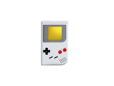 Retro handheld game console with white plastic body, yellow screen, black control pad, and red buttons, isolated on transparent background, nostalgic and playful vibe png