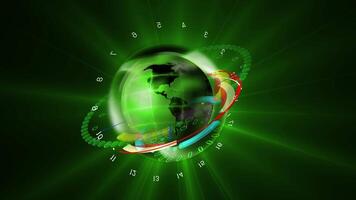 gedetailleerd hud elementen draaien in de omgeving van een holografische planeet met een groen gloed. animatie voor futuristische virtueel projecties en achtergronden. video