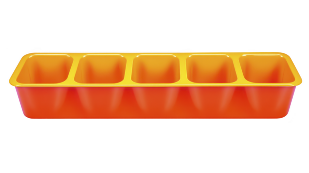 rektangulär orange och gul silikon is kub bricka med fem fack, isolerat på genomskinlighet bakgrund, kök redskap för frysning vatten eller framställning is kuber, modern och praktisk design png