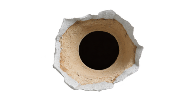 Hole in ground with rough stone edge circular shape sandy soil isolated on transparent background top view construction site excavation realistic texture empty space concept of depth png