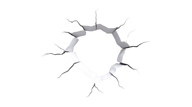 Cracked hole in wall with jagged edges and torn paper effect, isolated on transparent background, symbolizing destruction, impact, or breakthrough with dramatic visual style png