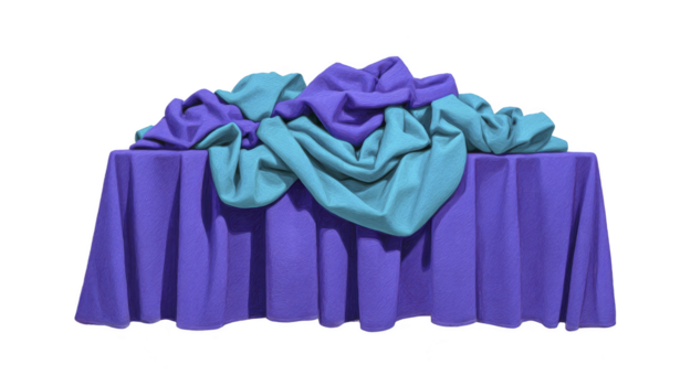 púrpura y azul tela cubierto esmeradamente terminado rectangular mesa, creando suave, artístico, y decorativo arreglo con lujoso y creativo atmósfera png