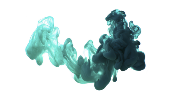 Turquoise and dark blue ink swirling underwater, creating dynamic abstract cloud with smooth, flowing shapes and sense of movement, isolated on transparency background png