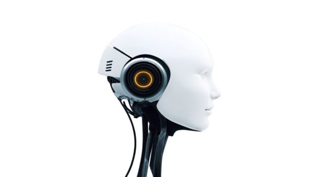 trogen android huvud med vit slät yta, orange upplyst öra, och minimalistisk design, artificiell intelligens begrepp, sida profil, känslokall uttryck png