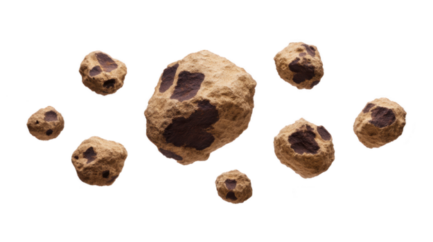 Asteroid rock space brown isolated floating cosmic meteorite rough texture. Asteroid rocks float space with rough brown surfaces and dark patches isolated transparent background evoking cosmic png