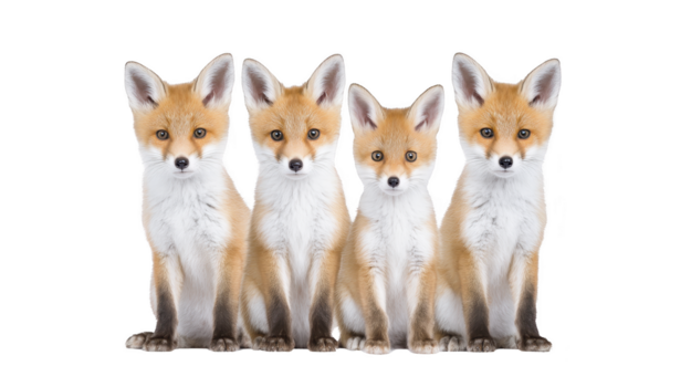 quattro rosso Volpe cuccioli seduta insieme, isolato su trasparenza sfondo, guardare direttamente a telecamera, visualizzazione curiosità e innocenza, con soffice pelliccia e mettere in guardia orecchie png