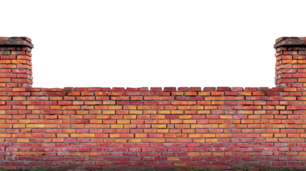 rojo ladrillo pared con dos cuadrado pilares, resistido textura, y visible mortero líneas, aislado en transparente fondo, adecuado para construcción, arquitectura, o urbano diseño conceptos png