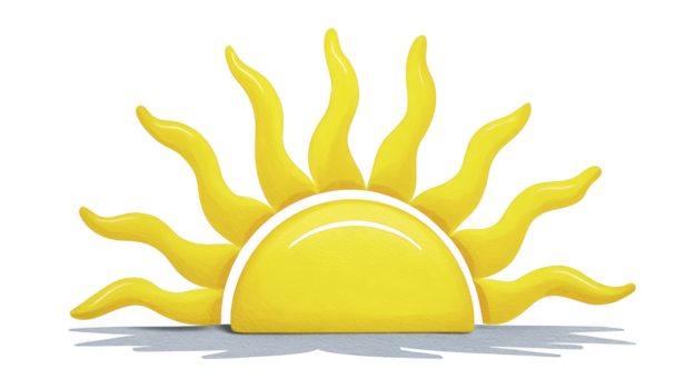 Rising yellow sun with curved rays and cheerful, playful style, casting soft shadow on transparency background, evokes sense of warmth and positivity png
