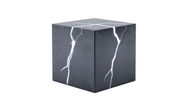 mörk sten kub med lysande vit blixt- sprickor, modern geometrisk design, isolerat på transparent bakgrund, dramatisk och kraftfull energi effekt, lämplig för digital konst eller spel tillgång png