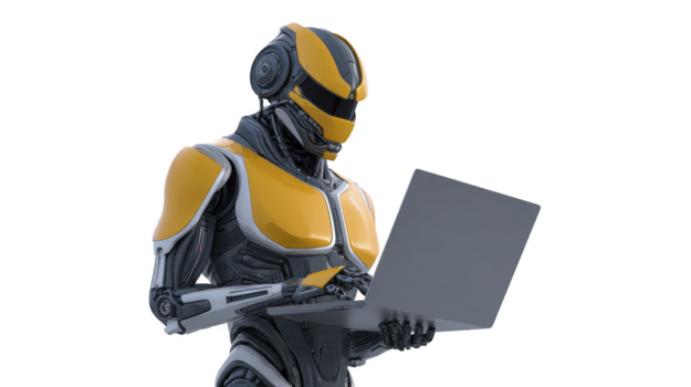 futuristico robot con giallo e nero armatura utilizzando computer portatile, tecnologia innovazione, artificiale intelligenza, digitale spazio di lavoro, moderno disegno, isolato su trasparenza sfondo png