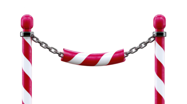 Red and white striped barrier post with chain, isolated on transparent background, used for crowd control, safety, or restricted access, creating secure and organized environment png