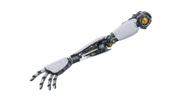 Futuristic robotic arm with metallic joints, white panels, exposed gears, and advanced mechanical design, symbolizing innovation and technology in artificial intelligence and engineering png