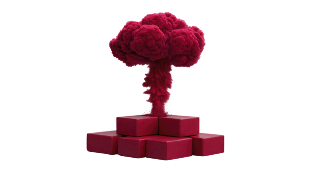 rouge fumée nuage explosion monte au dessus géométrique cubes, création spectaculaire surréaliste scène avec vibrant Couleur et dynamique énergie, isolé sur transparent Contexte png