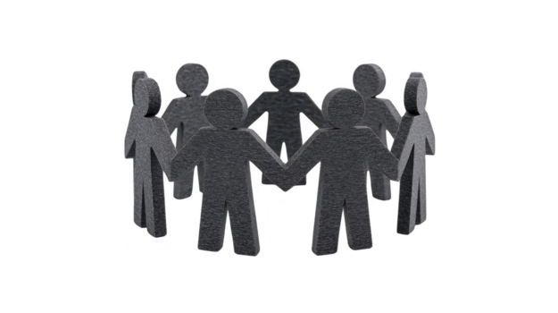 Group of black paper cutout people holding hands in circle, symbolizing unity, teamwork, and community support, with simple and minimalistic style on transparent background png