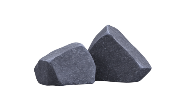 två stor grå stenar med grov textur och vinkel- former isolerat på genomskinlighet bakgrund, naturlig mineral stenar för konstruktion eller landskaps projekt png