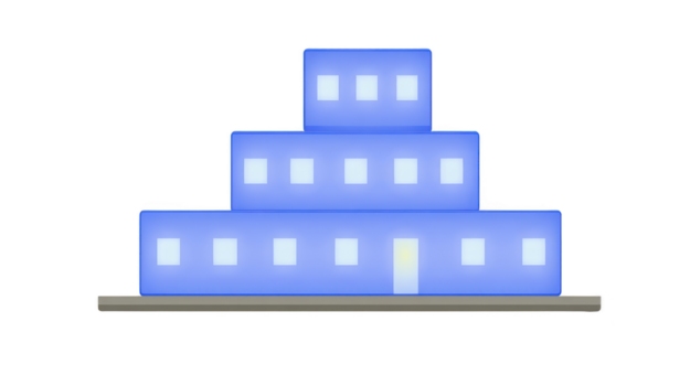 modern blå byggnad med lysande fönster tre trött strukturera platt tak minimalistisk design natt scen urban arkitektur upplyst enkel geometrisk form digital illustration png