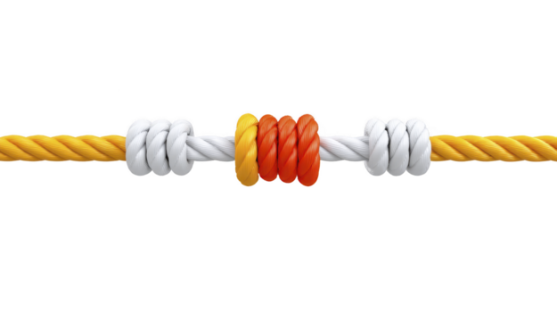 Yellow rope tied with white and orange knot, isolated on transparent background, symbolizing connection, teamwork, unity, and strength in creative and vibrant style png