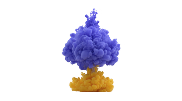 vivace blu e giallo inchiostro nube miscelazione nel acqua, la creazione di drammatico astratto esplosione effetto con morbido, ondeggiante forme e dinamico movimento su trasparenza sfondo png